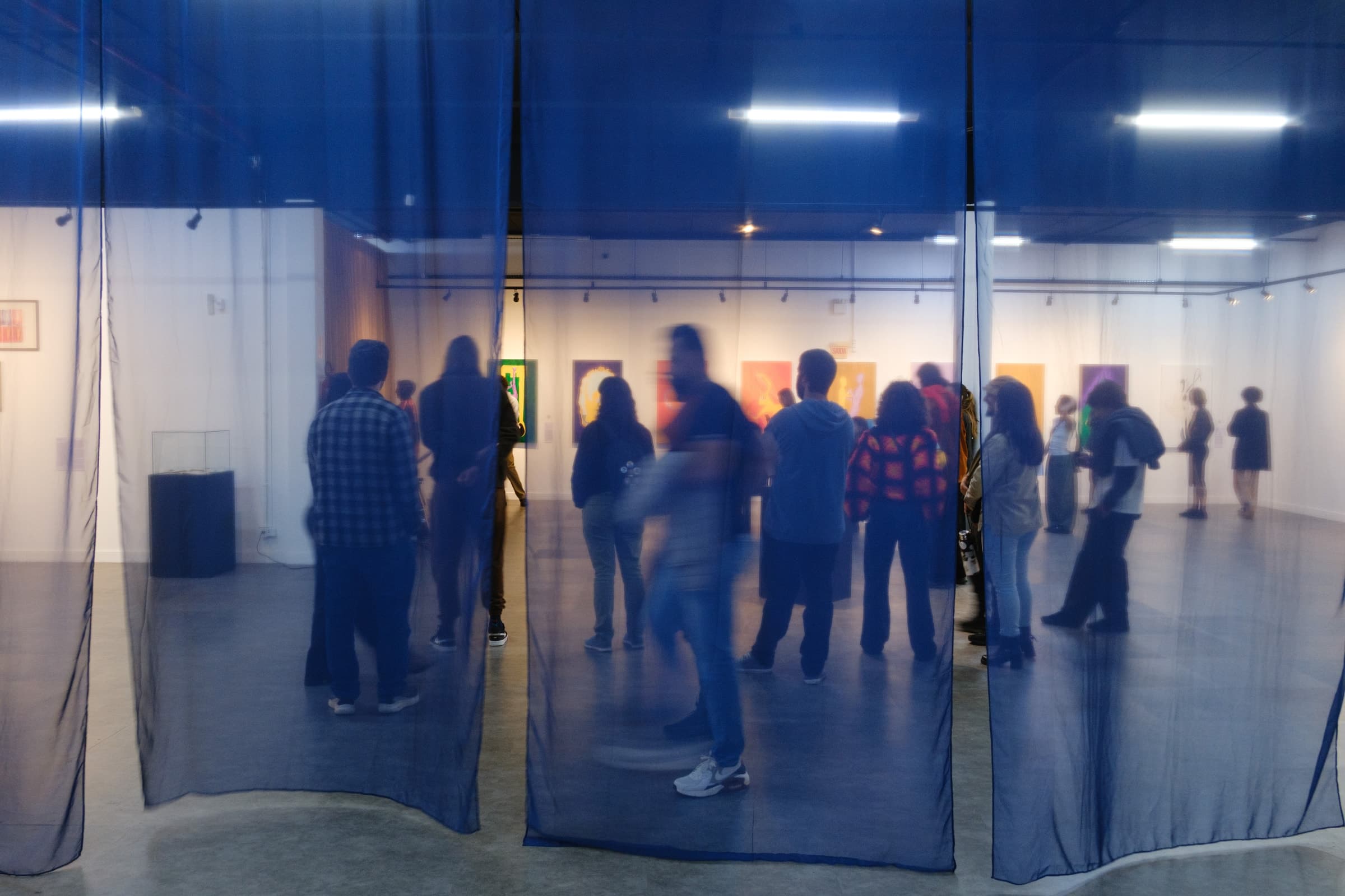 The exhibition gathering, seen through the curtains